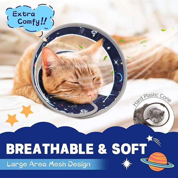 Breathable Air Mesh Cat Cone Collar Soft - Adjustable Recovery Collar to Stop Licking After Surgery, Foldable Lightweight E-Collar for Cats &amp; Kittens (Sky Star, S)