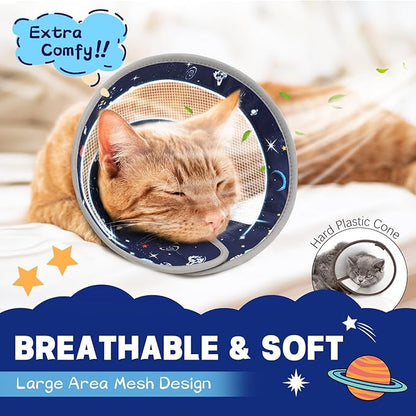 Breathable Air Mesh Cat Cone Collar Soft - Adjustable Recovery Collar to Stop Licking After Surgery, Foldable Lightweight E-Collar for Cats &amp; Kittens (Sky Star, S)