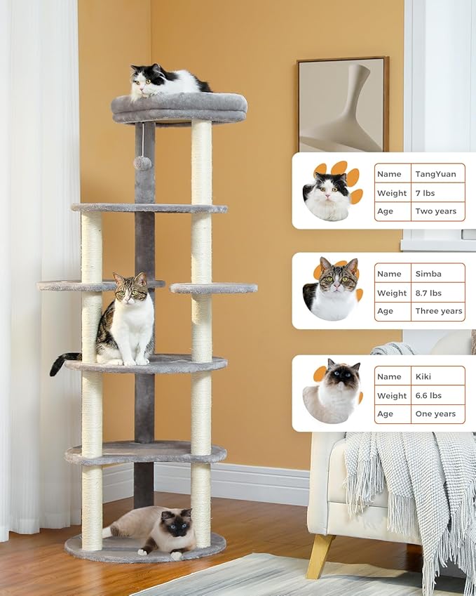 PETEPELA 61" Cat Tree for Indoor Cats, [6-Levels] Cat Climbing Tower with 9 Sisal Scratching Posts and Replaceable Dangling Ball &amp;Top Perch, Grey