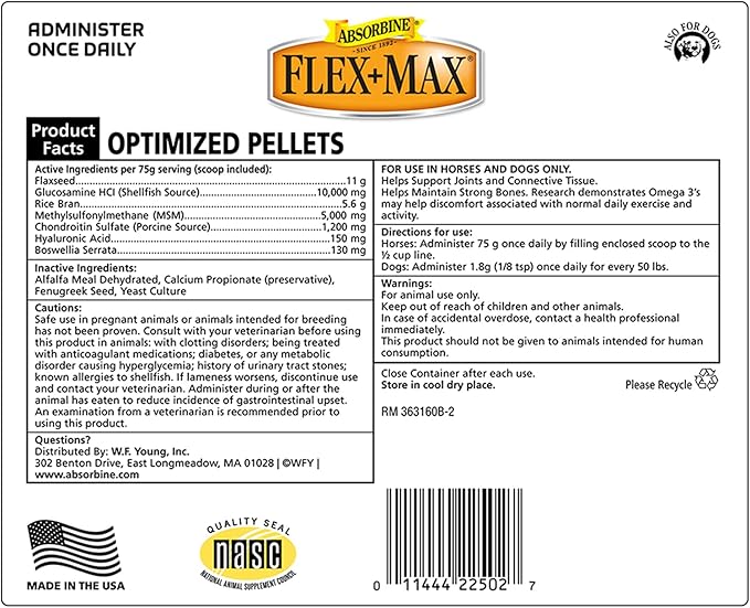 Absorbine Flex+Max Horse Joint Supplement Pellets, Highly Palatable, Comprehensive Equine Formula with Glucosamine, MSM, Chondroitin &amp; Flaxseed, 5lb Bag / 30 Day Supply