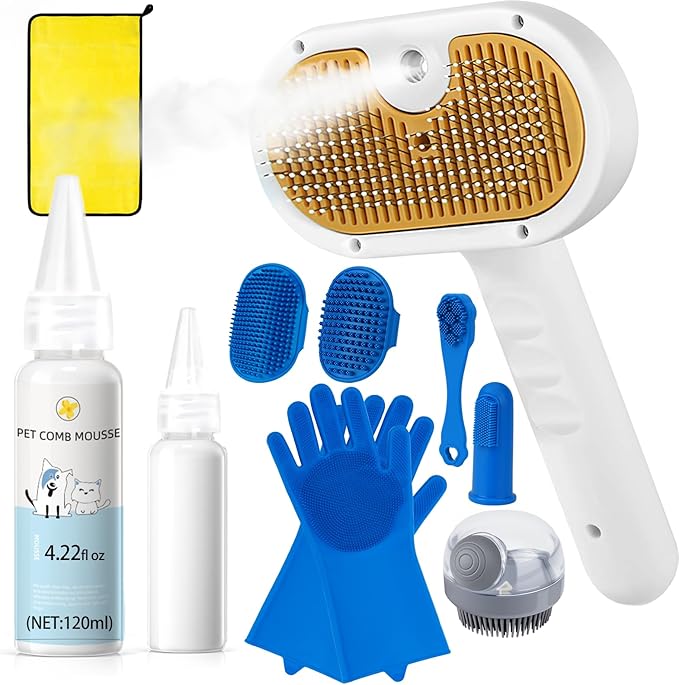 Pet Steam Brush for Dog &amp; Cat – 3-in-1 Spray Hair Removal Comb for Shedding &amp; Grooming Water-Free Shampoo, Bath Gloves,Bath Brush, Tooth &amp; Ear Brush, Towel (10PCS)