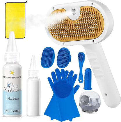 Pet Steam Brush for Dog &amp; Cat – 3-in-1 Spray Hair Removal Comb for Shedding &amp; Grooming Water-Free Shampoo, Bath Gloves,Bath Brush, Tooth &amp; Ear Brush, Towel (10PCS)