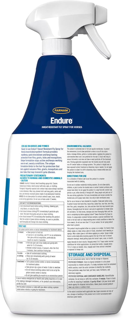 Farnam Endure Sweat-Resistant Fly Spray for Horses, Lasts Up to 14 Days, Protects Against Flies, Gnats, Mosquitoes, Ticks &amp; Lice, 32 oz.