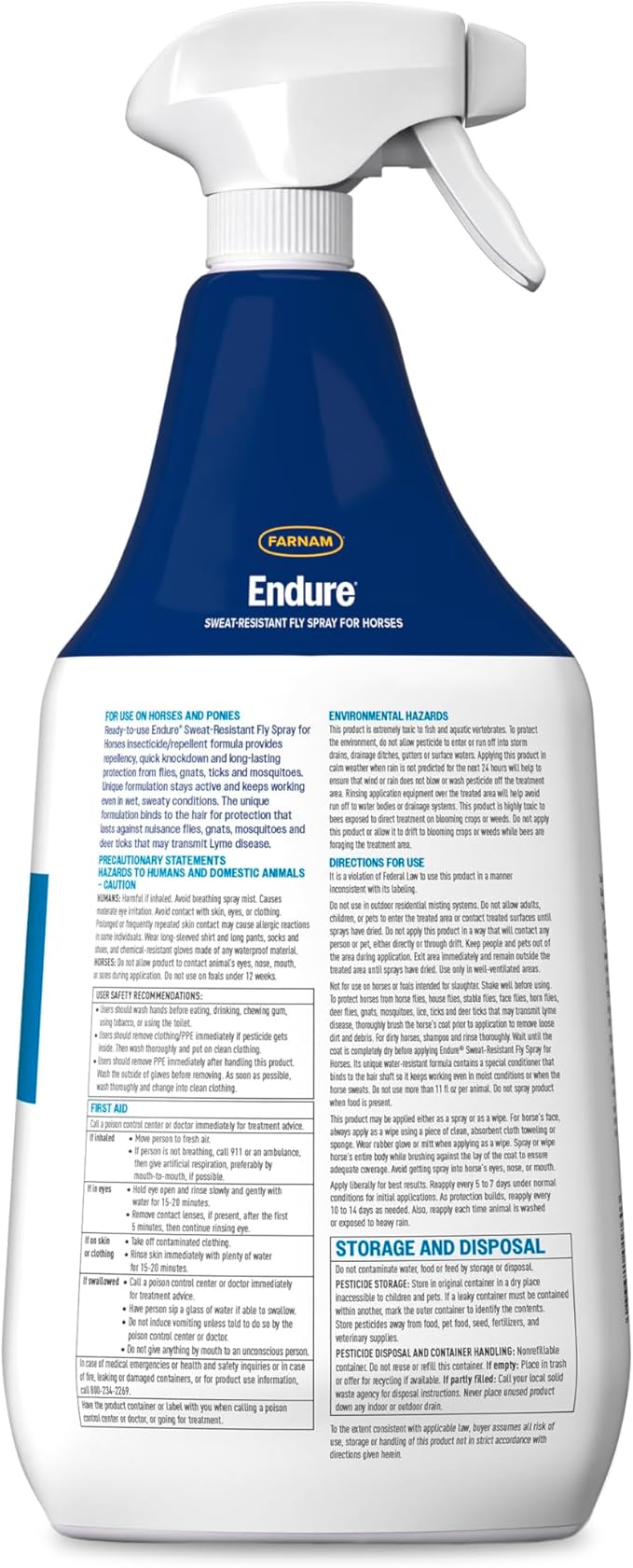 Farnam Endure Sweat-Resistant Fly Spray for Horses, Lasts Up to 14 Days, Protects Against Flies, Gnats, Mosquitoes, Ticks &amp; Lice, 32 oz.