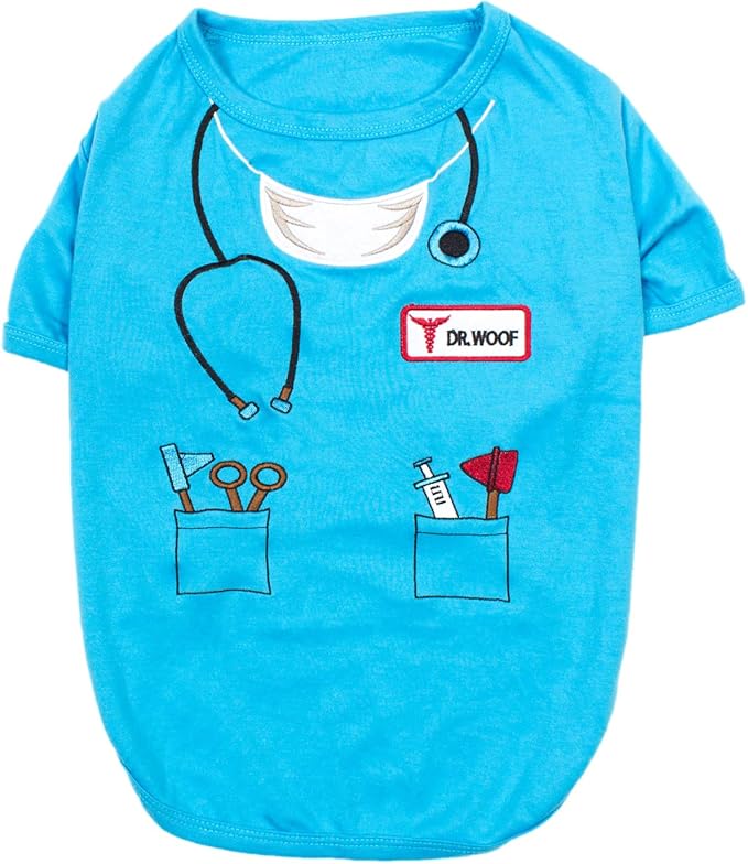 Parisian Pet Doctor Woof Dog Shirt - Embroidered Pirate Costume - 100% Cotton &amp; Polyester - Blue Funny Dog Shirts - Pet Costume - 2XL