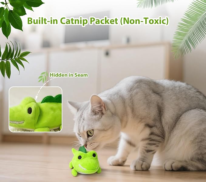 Interactive Cat Toys for Indoor Cats - Automatic Moving Cat Chase Toy for Bored Indoor Adult Cats - 360° Random Movement, Tail Wagging &amp; Catnip Stimulation - Electric Croc(Short Plush)