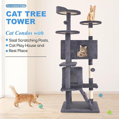 FDW Cat Tree 54in Cat Tower Multi-Level Durable Cat Scratching Post &amp; Cozy Fun Cat Jumping Platform Space Saving Cat Condo Pet Play House for Indoor Cats,Ashy