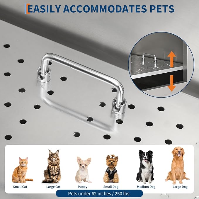 Stainless Steel Dog Washing Station - Dog Bath Tub for Large, Medium, Small Dogs, Pet Grooming Tub with Ramp, Non-Slip Grate, Shower, Soap Box, Faucet, Drain for Home &amp; Outdoor （Right RAMP, 50"）