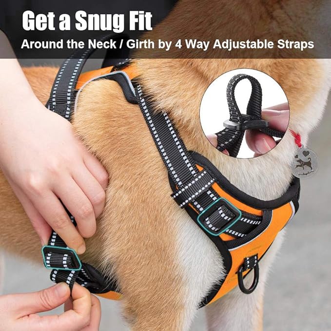 PoyPet No Pull Dog Harness, Reflective Comfortable Vest Harness with Front &amp; Back 2 Leash Attachments and Easy Control Handle Adjustable Soft Padded Pet Vest for Small to Large Dogs (Orange,M)