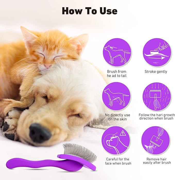 Dog Slicker Brush for Shedding and Grooming Medium or Long Haired Cats, Extra Long &amp; Soft Pin Slicker Brush for Removes Loose Hair, Tangles, Knots, Undercoat, Free Pet Comb, Large Purple