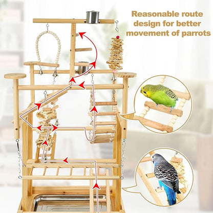 Bird Playground - Natural Wood Parrot Playstand with Perches, Bird Play Gym &amp; Accessories, Removable Tray &amp; 4 Stainless Steel Cups