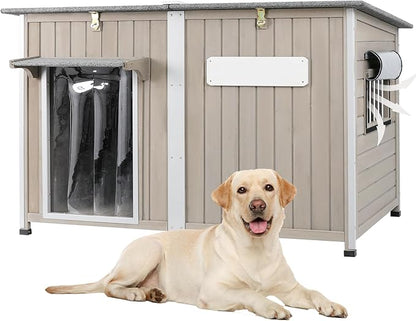 Dog House Outdoor Weatherproof &amp; Wooden Dog Kennel with Chew-Proof Iron Frame，Removable Floor, Adjustable Vent Window, Easy Assembly for Large and Extra-Large Dogs 55.1" D x 33.1" W x 34.8" H