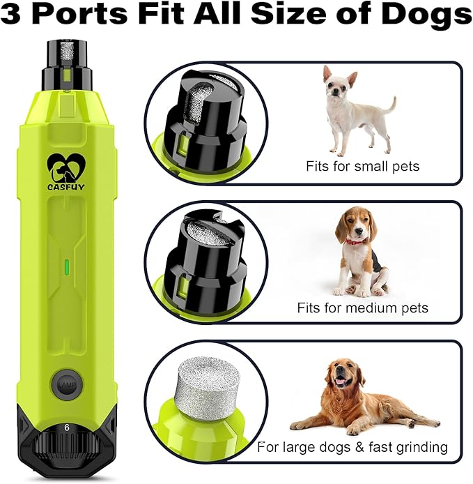 Casfuy 6-Speed Dog Nail Grinder - Newest Enhanced Pet Nail Grinder Super Quiet Rechargeable Electric Dog Nail Trimmer Painless Paws Grooming &amp; Smoothing Tool for Large Medium Small Dogs (Green)