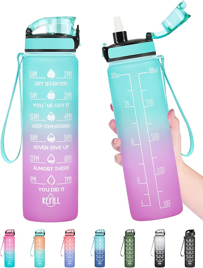 Enerbone Water Bottle, Leakproof BPA &amp; Toxic Free, Motivational Water Bottle with Times to Drink and Straw, Fitness Sports Water Bottle with Strap for Office, Gym, Outdoor Sports