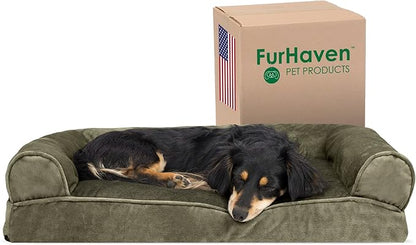 Furhaven Pillow Dog Bed for Medium/Small Dogs w/ Removable Bolsters &amp; Washable Cover - Faux Fur &amp; Velvet Sofa - Dark Sage, Medium