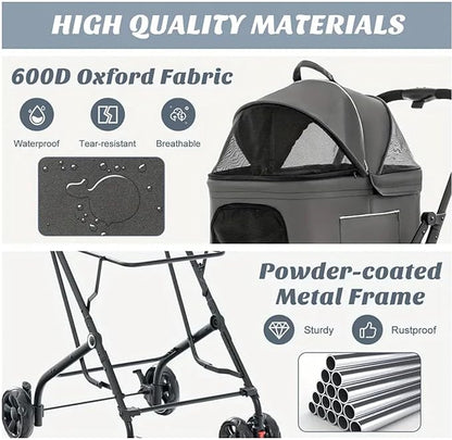 Pet Stroller with 2 Detachable Carriers, Foldable, Spacious Interior, Large Capacity, Durable Construction