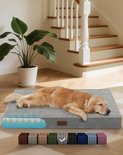 OhGeni Orthopedic Waterproof &amp; Machine Washable Dog Bed for Large Pets, Suitable for Crates, 25D Egg Crate Foam, Non-Slip Bottom &amp; Removable Cover, Corduroy Fabric, 41 Inches(Gray)