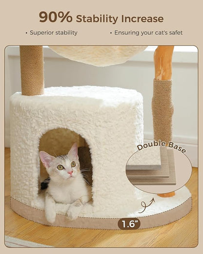 Modern Cat Tree for Large Cats, Wood Cat Tower for Indoor Cats, Real Branch Luxury Cat Furniture with Super Large Cozy Condo and Hammock &amp; Scratching Post, Top Basket, White