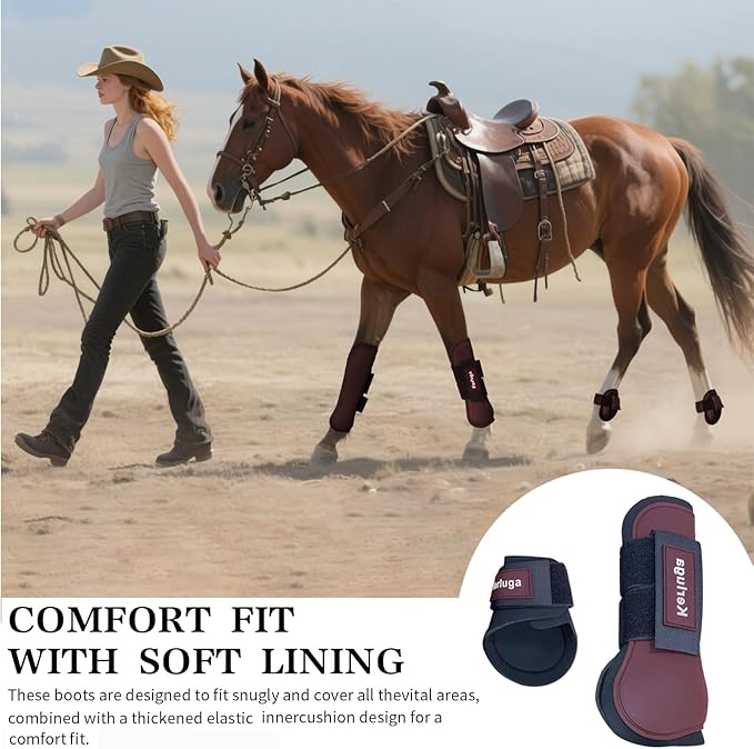 Horse Tendon Boots Set of 4 Open Front &amp; Fetlock Boot for Horses Professional Sport Protection Impact-Absorbing Equine Leg Support for Jumping, Riding, Training (Wine Red, Full)