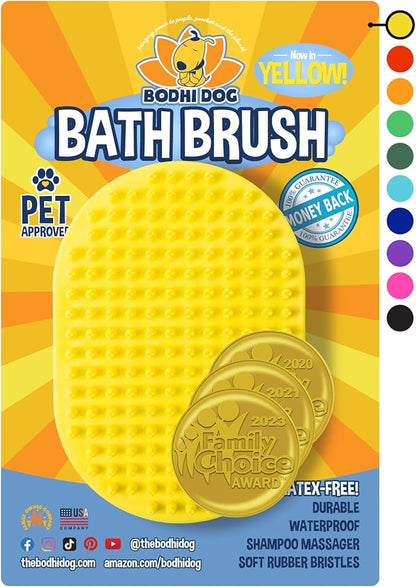 Bodhi Dog Shampoo Brush - Pet Grooming &amp; Bath Supplies for Dogs and Cats - Bath Brush for Long &amp; Short Hair - Premium Scrubber for Shower, Bathing &amp; Massage (One Pack, Yellow)