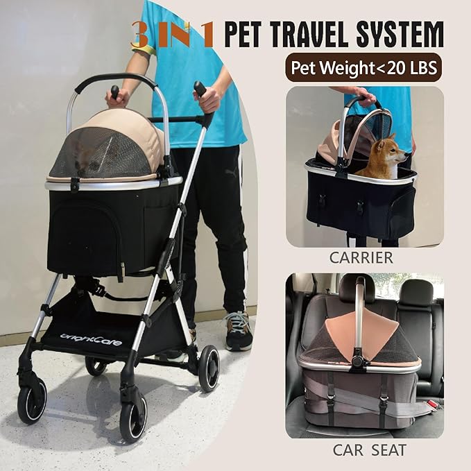 3-in-1 Small Pet Carrier with Stroller for Small Dogs &amp; Cats Under 20 lb – Removable Carrier Converts to Car Seat – Lightweight, One-Hand Fold, No-Zipper Entry