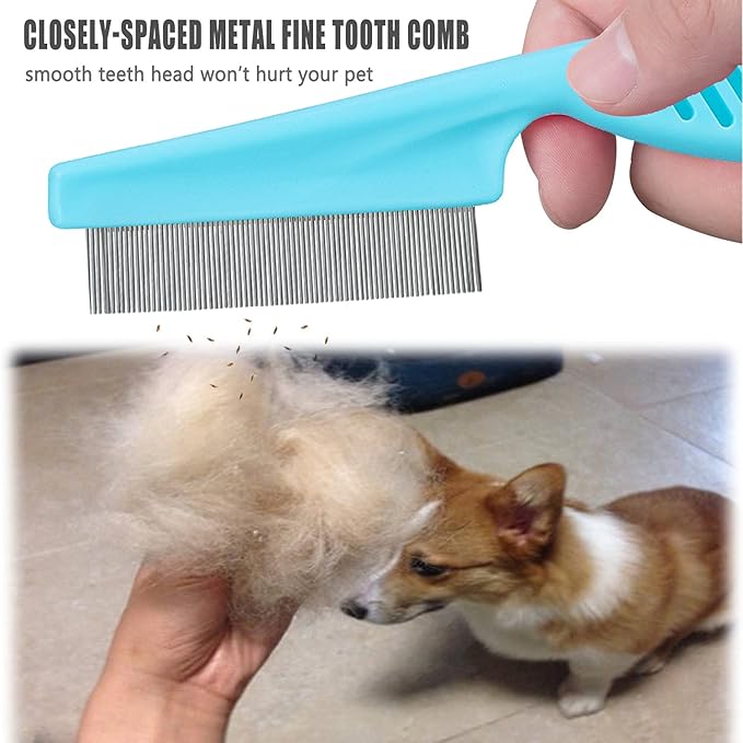 Cat &amp; Dog Grooming Set - Fine Tooth Comb for Removing Dandruff Flakes &amp; Hair (Blue)