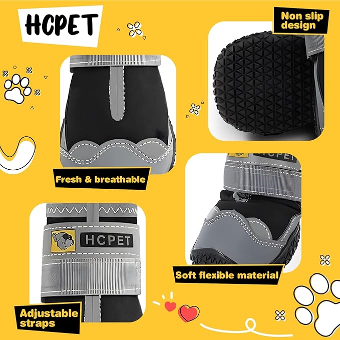 Hcpet Dog Shoes for Large Dogs, Waterproof Dog Booties for Small Medium Dogs, Anti-Slip Dog Boots &amp; Paw Protectors for Hot Pavement Winter Snow Hiking with Reflective Straps Black Size 4