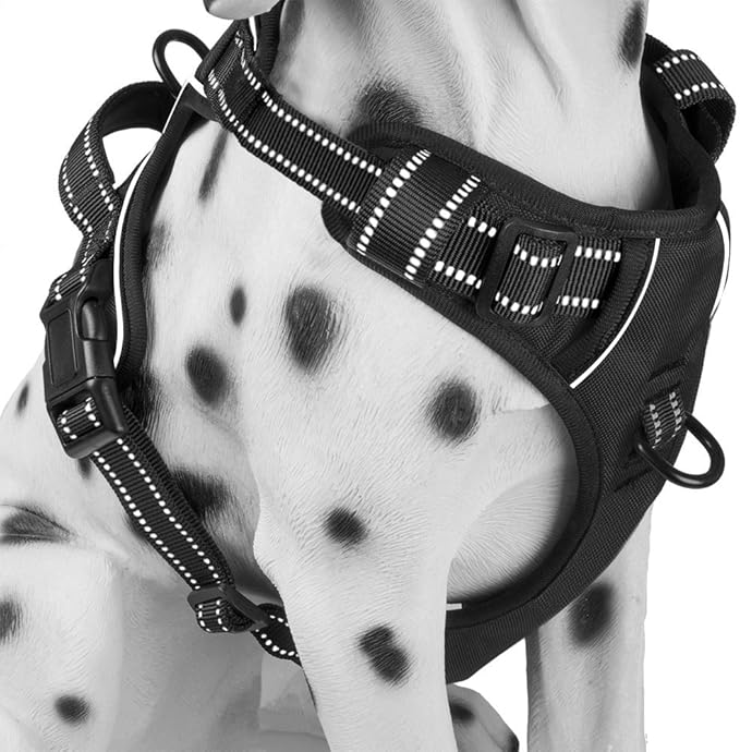 PoyPet No Pull Dog Harness, Reflective Comfortable Vest Harness with Front &amp; Back 2 Leash Attachments and Easy Control Handle Adjustable Soft Padded Pet Vest for Small to Large Dogs (Black,L)