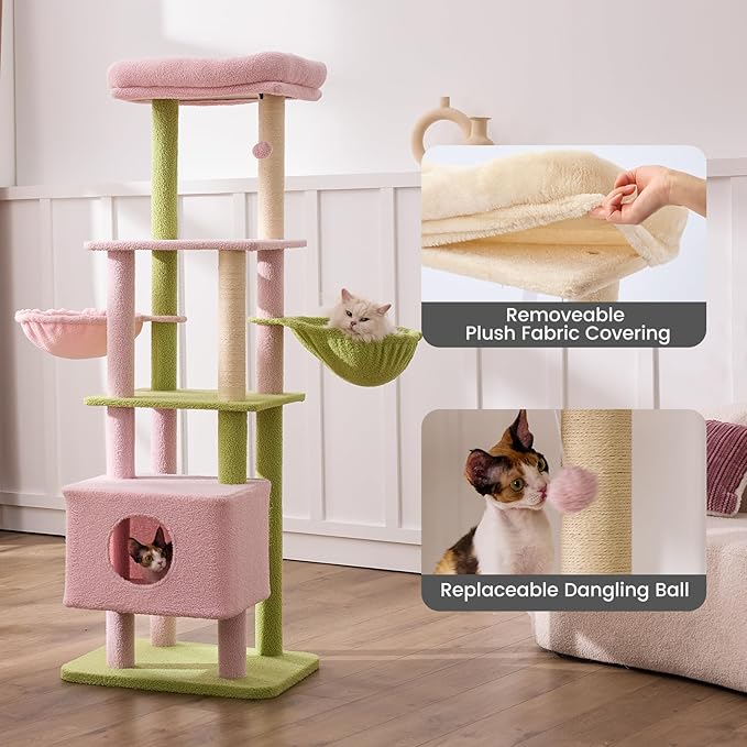 Gardner Pet 65in Heavy Duty Cat Tree Tower for Large Cats, Multi-Level Cat Furniture with Replaceable Sisal Scratching Post, Hammock | Extra-Large Platform &amp; Condo (Pink&amp;Green, Basic φ:2.84")