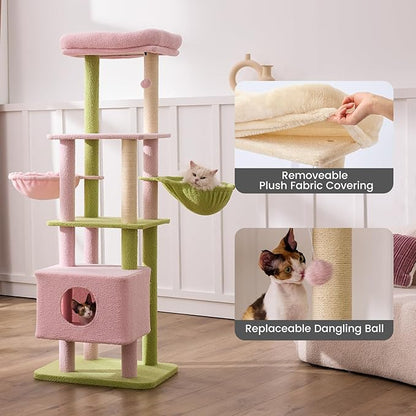 Gardner Pet 65in Heavy Duty Cat Tree Tower for Large Cats, Multi-Level Cat Furniture with Replaceable Sisal Scratching Post, Hammock | Extra-Large Platform &amp; Condo (Pink&amp;Green, Basic φ:2.84")