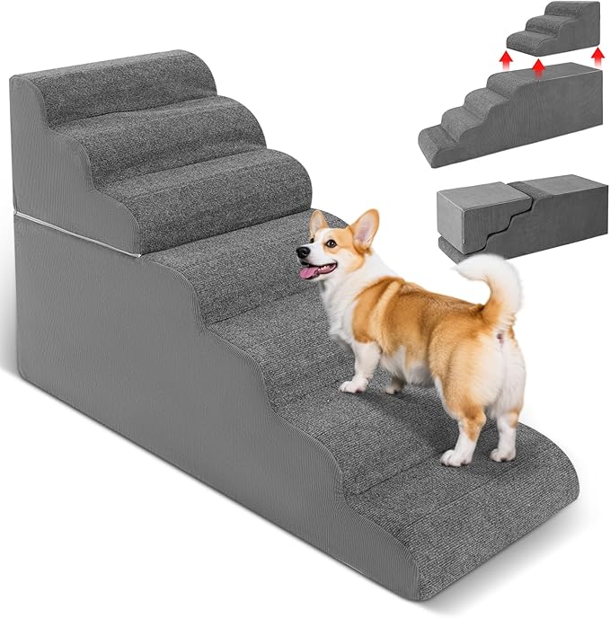 5-Step Dog Stairs for High Bed - 21.3" Adjustable Dog Ramps for Couch, Non-Slip Sturdy Pet Steps for Small Dogs, Washable Cover, Removable Modular Design, Dual 11” &amp; 12.83” Steps for Custom Height
