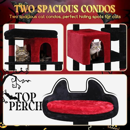Globlazer Heavy Duty Gothic Cat Tree, 72in Large Cat Tower with Coffin Bed, Sturdy Maine Coon Cat Tree for Large Cats 20 lbs+, Medieval Castle Style with 6 Scratching Posts &amp; Hammock, S72, Black &amp; Red