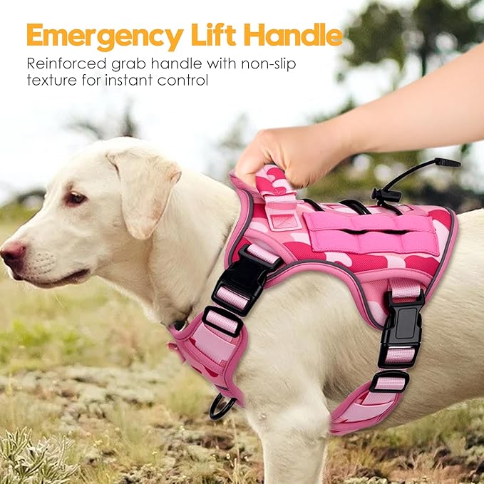 Heavy-Duty Tactical Dog Harness for Large Dogs, No Pull Adjustable Reflective Pet Vest with Molle System, K9 Military-Grade Control for Service Training, Outdoor &amp; 10+ Breeds, Pink Camo, Small