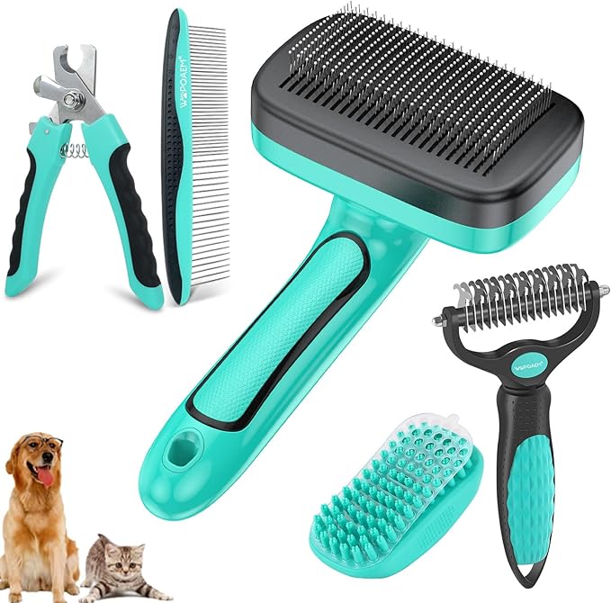 Dog Brush Kit for Grooming Short &amp; Long Haired Dogs &amp; Cats, 5 in 1 Pet Grooming Set for Small Animals, 5 PCS Puppy Self-Cleaning Slicker Brush and Pet Comb for Shedding Medium &amp; Large Dogs