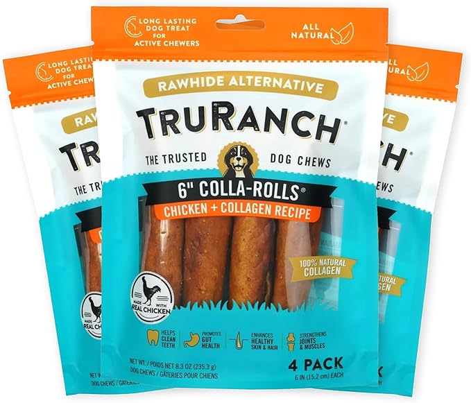 Collagen Rolls - 6" Collagen Rolls for Dogs - Long Lasting Healthy Joint Support - Rawhide Alternative - Skin &amp; Coat Health - Made with Real Chicken, Value Pack, 3 Bags, 12 Count