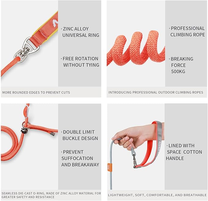 Dog Anti-Slip Leash 5FT with Metal Stopper - Durable No-Pull Training Lead for Small, Medium &amp; Large Dogs - Comfortable Handle Nylon Rope, Tangle-Free Pet Walking Leash (Orange, 5.6FT)