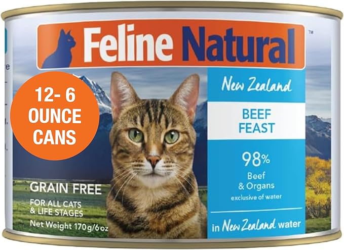Feline Natural New Zealand Canned Catfood Wet Food, High-Meat, Low-Carb, &amp; Grain Free Cat Food Wet, Beef Feast, 6 oz, Pack of 12