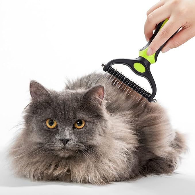 Pet Grooming Tool - 2 Sided Undercoat Rake for Cats and Dogs - Safe Dematting Comb for Easy Mats &amp; Tangles Removing - No More Nasty Shedding and Flying Hair