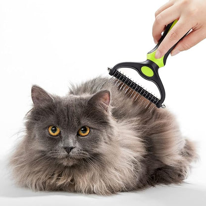 Pet Grooming Tool - 2 Sided Undercoat Rake for Cats and Dogs - Safe Dematting Comb for Easy Mats &amp; Tangles Removing - No More Nasty Shedding and Flying Hair