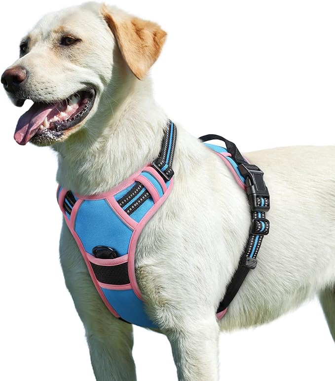 Eagloo Dog Harness for Large Dogs, No Pull Service Vest with Reflective Strips and Control Handle, Adjustable and Comfortable for Walking, No Choke Pet Harness with 2 Metal Rings, Pink &amp; Blue, L