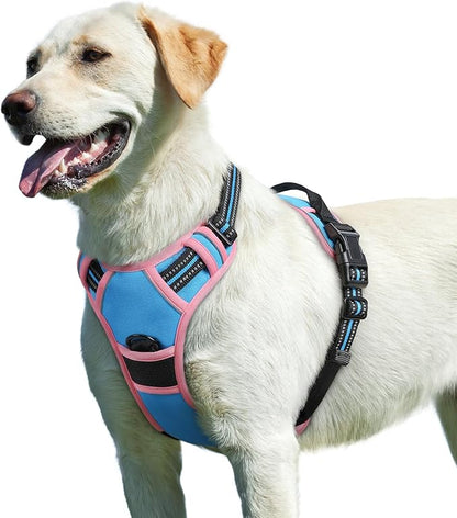 Eagloo Dog Harness for Large Dogs, No Pull Service Vest with Reflective Strips and Control Handle, Adjustable and Comfortable for Walking, No Choke Pet Harness with 2 Metal Rings, Pink &amp; Blue, L