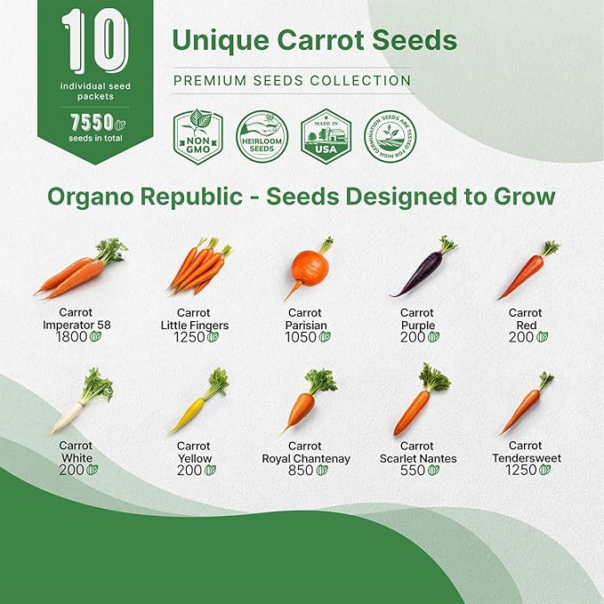 Organo Republic 10 Unique Carrot Seeds Variety Pack - 7,550+ Non-GMO Heirloom Carrot Seeds for Outdoor &amp; Indoor Home Gardening, Including Carrot Imperator 58, Little Fingers, Scarlet Nantes, Parisian