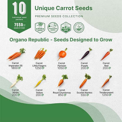 Organo Republic 10 Unique Carrot Seeds Variety Pack - 7,550+ Non-GMO Heirloom Carrot Seeds for Outdoor &amp; Indoor Home Gardening, Including Carrot Imperator 58, Little Fingers, Scarlet Nantes, Parisian