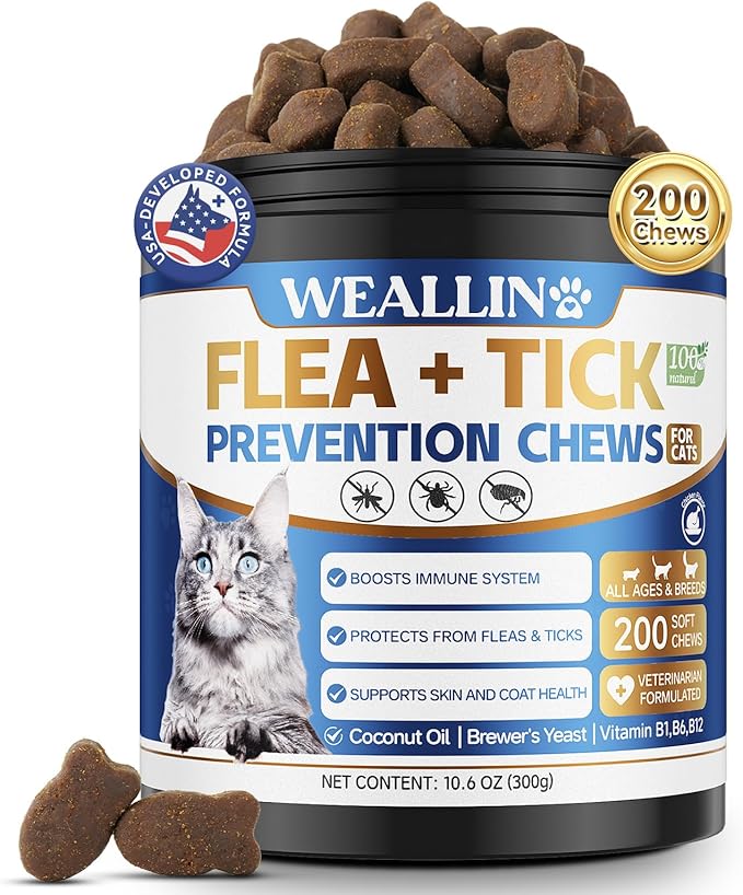 Flea and Tick Prevention for Cats, 200 Soft Chews for Fleas Treatment for Cats, Natural Cat Oral Flea Chewables Support Supplement, Flea and Tick Chews for All Breeds &amp; Sizes