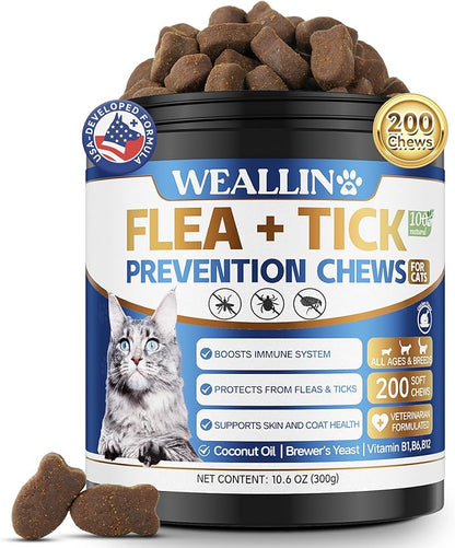Flea and Tick Prevention for Cats, 200 Soft Chews for Fleas Treatment for Cats, Natural Cat Oral Flea Chewables Support Supplement, Flea and Tick Chews for All Breeds &amp; Sizes