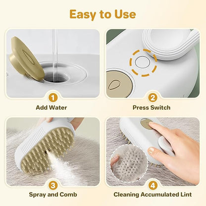LunaSync Cat Steam Brush for Shedding, 4 in 1 Rechargeable Pet Grooming Brush for Cats and Dogs, Anti-Static Deshedding Tool with Massage &amp; Cleaning, Comb for Long Short Hair - White