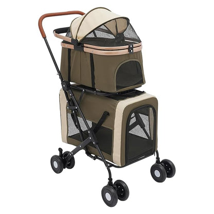 Foldable Pet Stroller for Small &amp; Medium Dogs, Double Dog &amp; Cat Stroller with 3-in-1 Travel System, Detachable Pet Carrier with Wheels for Cats and Dogs up to 77 lbs, Dark Green