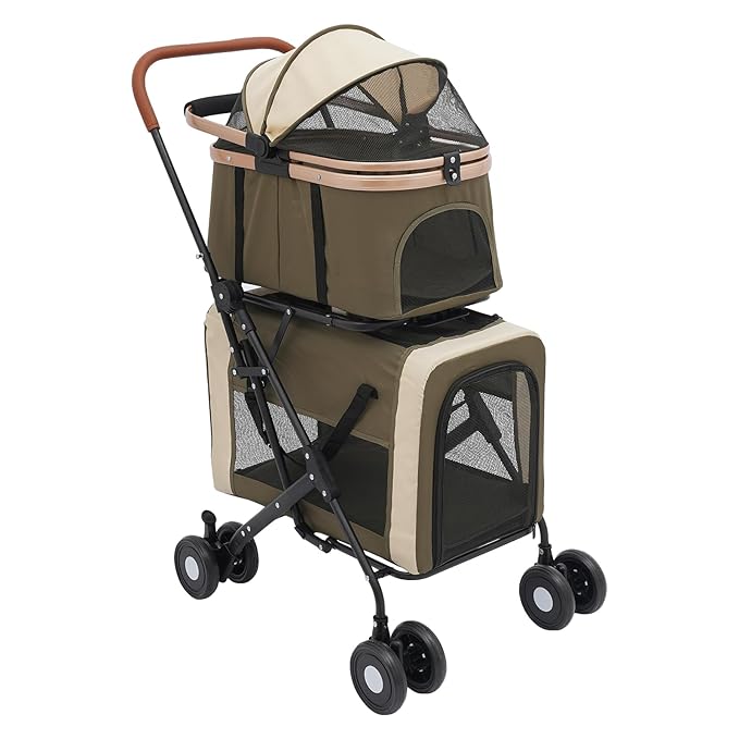 2-Layers Pet Stroller for 2 Cats/Dogs,Foldable Lightweight 77lbs Capacity Carrier, 4 Wheels, Removable Basket &amp; Storage Pocket,for Small Pets (Green)