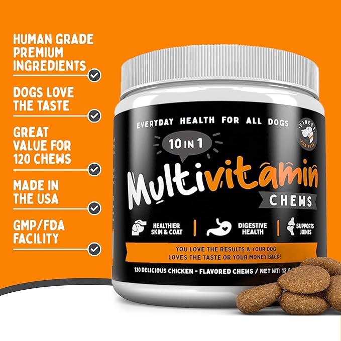 Multivitamin Dog Supplement – 10 in 1 with Omega Fish Oil &amp; Glucosamine for Improved Joint &amp; Skin Support, Gut, Digestion &amp; Immune Everyday Health (120 Chewable Treats)