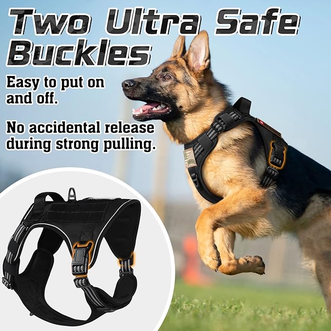 rabbitgoo Tactical Dog Harness for Large Dogs, No Pull Military Service Vest with Handle &amp; Molle, Easy Control for Training Walking, Adjustable Reflective Straps, Black, L